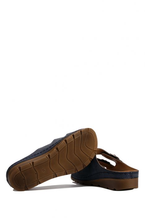 SIB160119 Kifidis-Natura Kadın Anatomik Deri Terlik 36-41 -BT Lacivert / Navy