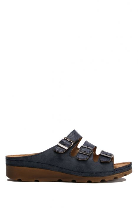 SIB160119 Kifidis-Natura Kadın Anatomik Deri Terlik 36-41 -BT Lacivert / Navy
