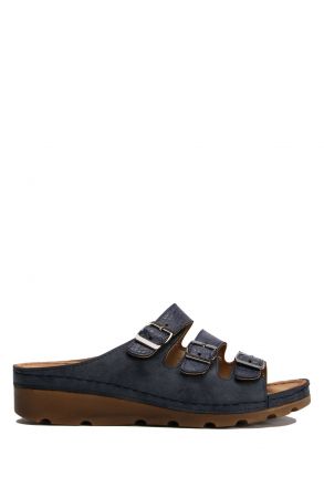 SIB160119 Kifidis-Natura Kadın Anatomik Deri Terlik 36-41 -BT Lacivert / Navy