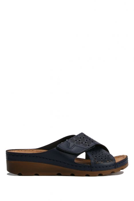 SIB160160 Kifidis-Natura Kadın Çapraz Bantlı Anatomik Deri Terlik 36-41 -BT Lacivert / Navy