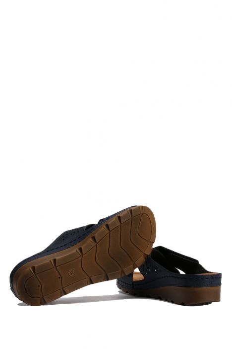 SIB160160 Kifidis-Natura Kadın Çapraz Bantlı Anatomik Deri Terlik 36-41 -BT Lacivert / Navy