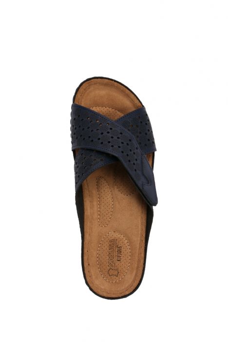SIB160160 Kifidis-Natura Kadın Çapraz Bantlı Anatomik Deri Terlik 36-41 -BT Lacivert / Navy