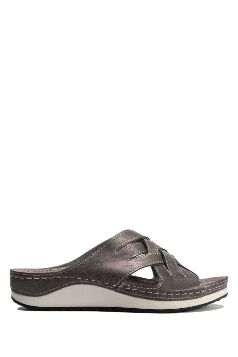 SIB172111 Kifidis-Natura Kadın Anatomik Deri Terlik 36-41 -BT Krom/Chrome