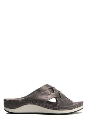 SIB172111 Kifidis-Natura Kadın Anatomik Deri Terlik 36-41 -BT Krom/Chrome