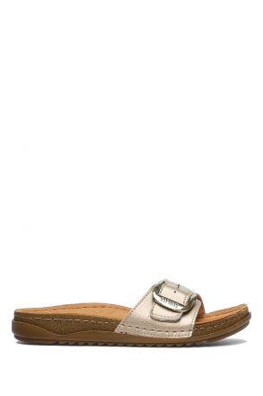 SIB213610 Kifidis-Natura Kadın Anatomik Deri Terlik 36-41 Altın/Gold