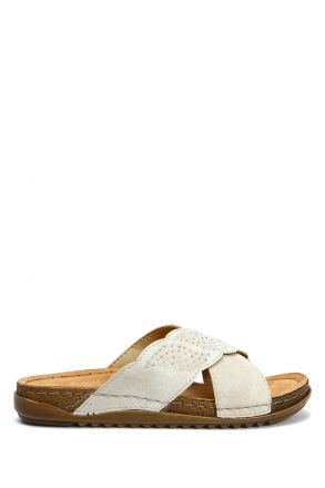SIB213625 Kifidis-Natura Kadın Anatomik Çapraz Bantlı Deri Terlik 36-41 -BT Bej/Beige