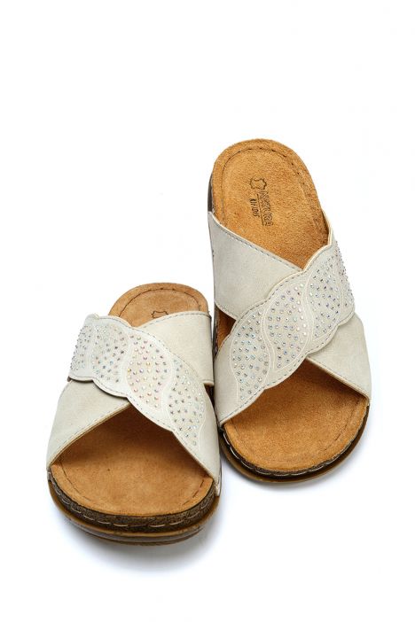 SIB213625 Kifidis-Natura Kadın Anatomik Çapraz Bantlı Deri Terlik 36-41 -BT Bej/Beige