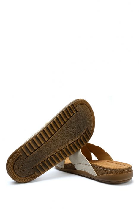 SIB213625 Kifidis-Natura Kadın Anatomik Çapraz Bantlı Deri Terlik 36-41 -BT Bej/Beige