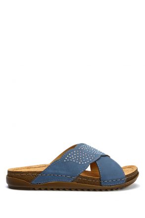 SIB213625 Kifidis-Natura Kadın Anatomik Çapraz Bantlı Deri Terlik 36-41 -BT Lacivert/Dark Blue