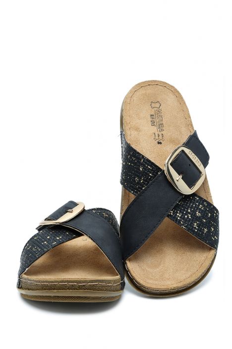 SIB213628 Kifidis-Natura Kadın Tokalı Anatomik Deri Terlik 36-41 Siyah/Black