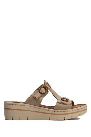 SIB216703 Kifidis-Natura Kadın Anatomik Deri Terlik 36-41 -BT Bej / Beige