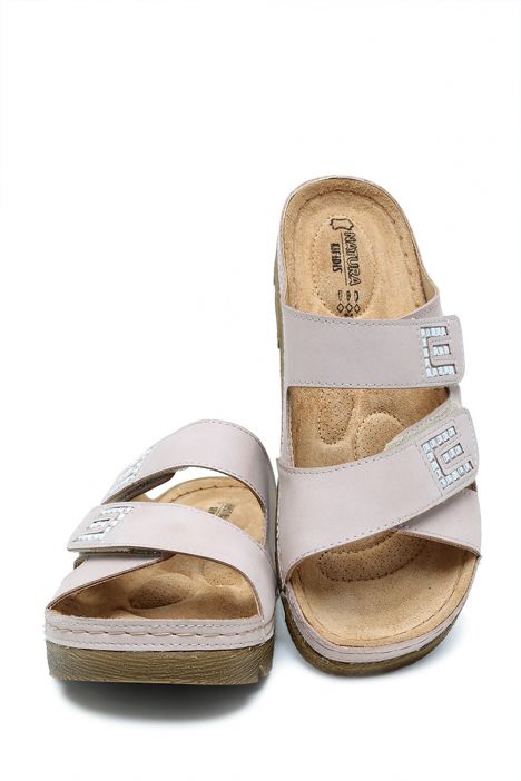 SIB220511 Kifidis-Natura Kadın Taşlı Anatomik Deri Terlik 36-41 Pudra/Powder