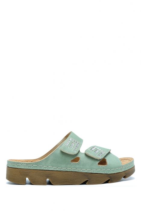 SIB220511 Kifidis-Natura Kadın Taşlı Anatomik Deri Terlik 36-41 Yeşil/Green