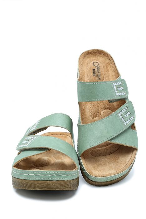 SIB220511 Kifidis-Natura Kadın Taşlı Anatomik Deri Terlik 36-41 Yeşil/Green