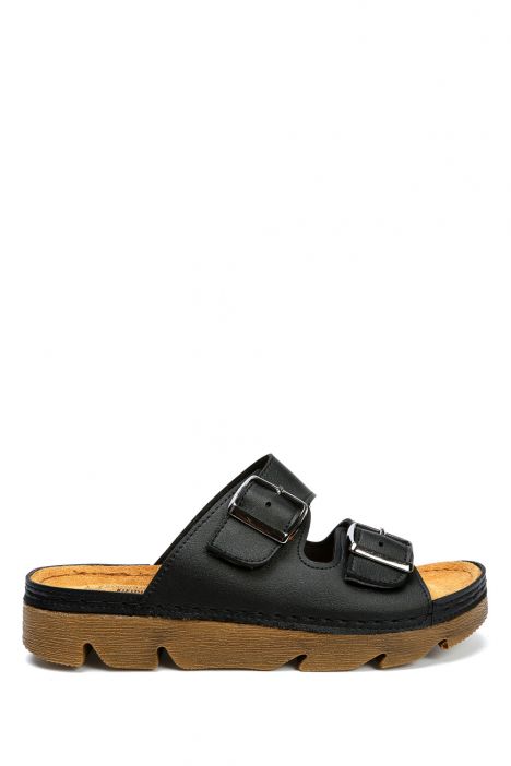 SIB220517 Kifidis-Natura Kadın Çift Bantlı Anatomik Deri Terlik 36-41 Siyah/Black