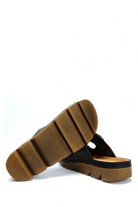 SIB220517 Kifidis-Natura Kadın Çift Bantlı Anatomik Deri Terlik 36-41 Siyah/Black