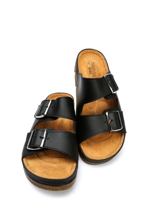 SIB220517 Kifidis-Natura Kadın Çift Bantlı Anatomik Deri Terlik 36-41 Siyah/Black