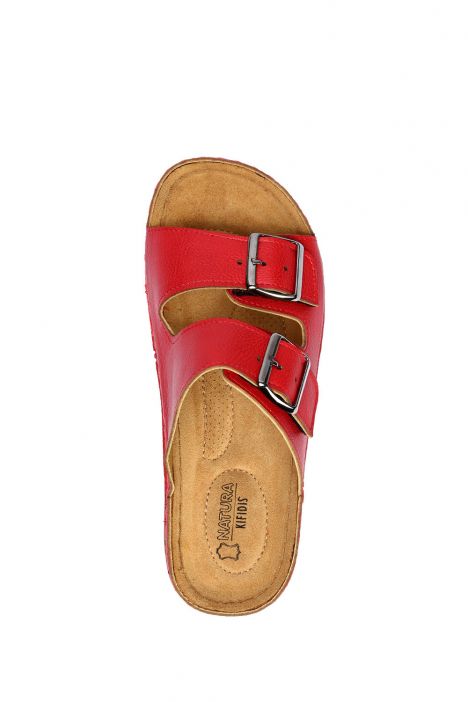 SIB220517 Kifidis-Natura Kadın Çift Bantlı Anatomik Deri Terlik 36-41 Kırmızı/Red