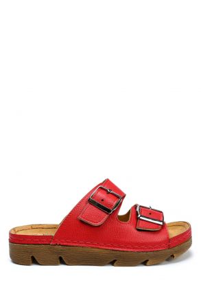SIB220517 Kifidis-Natura Kadın Çift Bantlı Anatomik Deri Terlik 36-41 Kırmızı/Red