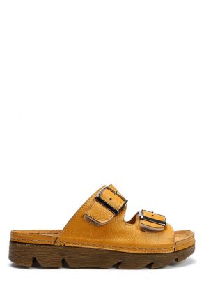 SIB220517 Kifidis-Natura Kadın Çift Bantlı Anatomik Deri Terlik 36-41 Sarı/Yellow