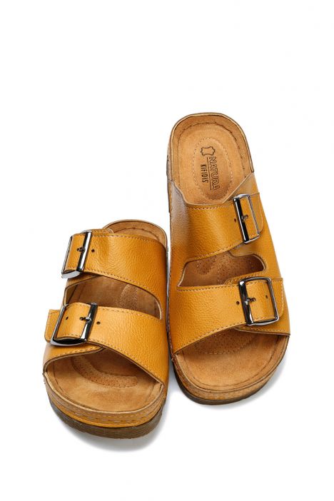 SIB220517 Kifidis-Natura Kadın Çift Bantlı Anatomik Deri Terlik 36-41 Sarı/Yellow
