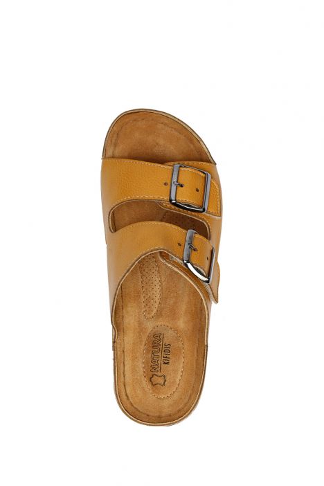 SIB220517 Kifidis-Natura Kadın Çift Bantlı Anatomik Deri Terlik 36-41 Sarı/Yellow