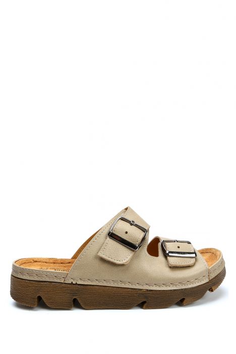SIB220517 Kifidis-Natura Kadın Çift Bantlı Anatomik Deri Terlik 36-41 Vizon/Nude