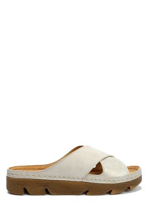 SIB220518 Kifidis-Natura Kadın Çapraz Bantlı Anatomik Deri Terlik 36-41 Bej/Beige