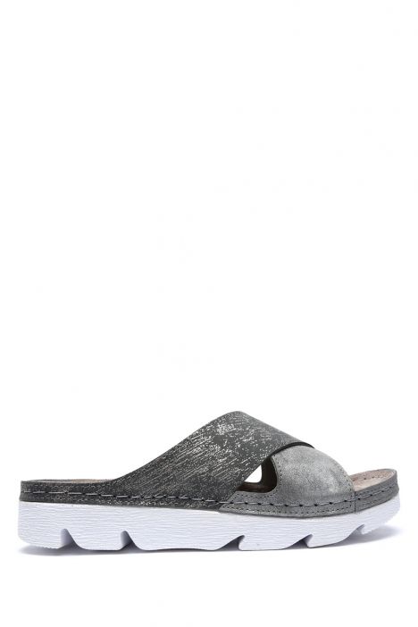 SIB220518 Kifidis-Natura Kadın Çapraz Bantlı Anatomik Deri Terlik 36-41 Krom/Chrome