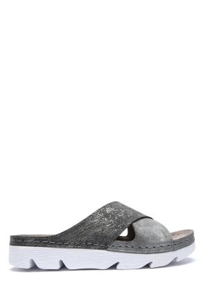 SIB220518 Kifidis-Natura Kadın Çapraz Bantlı Anatomik Deri Terlik 36-41 Krom/Chrome