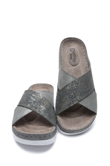 SIB220518 Kifidis-Natura Kadın Çapraz Bantlı Anatomik Deri Terlik 36-41 Krom/Chrome
