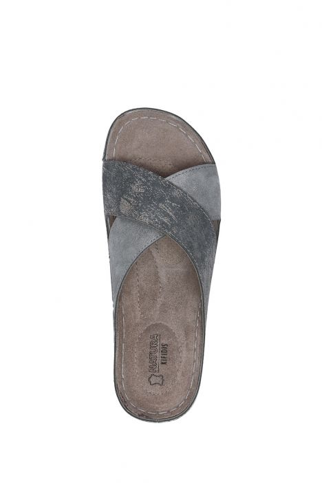SIB220518 Kifidis-Natura Kadın Çapraz Bantlı Anatomik Deri Terlik 36-41 Krom/Chrome