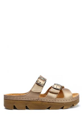 SIB220519 Kifidis-Natura Kadın Anatomik Deri Terlik 36-41 Altın/Gold
