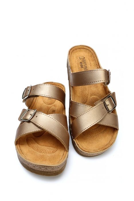 SIB220519 Kifidis-Natura Kadın Anatomik Deri Terlik 36-41 Altın/Gold
