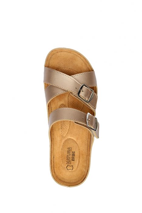 SIB220519 Kifidis-Natura Kadın Anatomik Deri Terlik 36-41 Altın/Gold