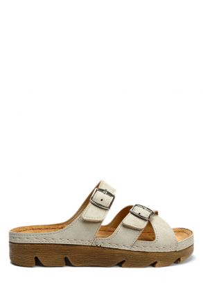 SIB220519 Kifidis-Natura Kadın Anatomik Deri Terlik 36-41 Bej/Beige