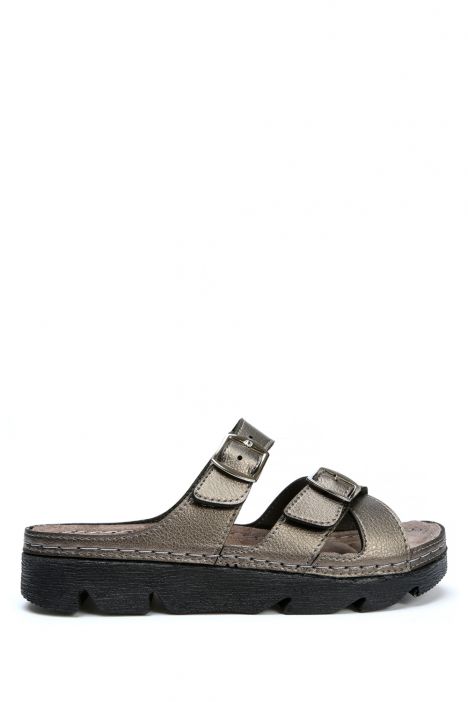 SIB220519 Kifidis-Natura Kadın Anatomik Deri Terlik 36-41 Krom/Chrome
