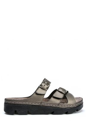 SIB220519 Kifidis-Natura Kadın Anatomik Deri Terlik 36-41 Krom/Chrome