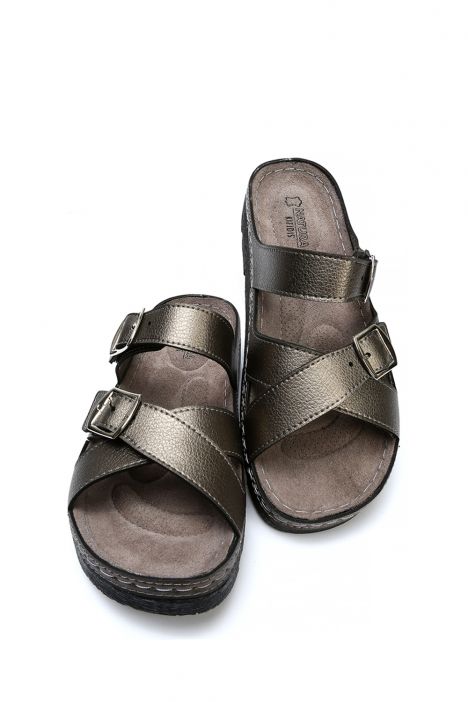SIB220519 Kifidis-Natura Kadın Anatomik Deri Terlik 36-41 Krom/Chrome