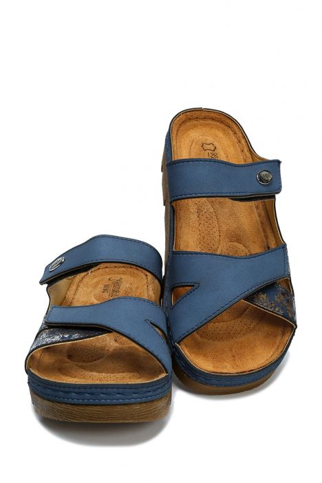SIB220521 Kifidis-Natura Kadın Anatomik Deri Terlik 36-41 Mavi/Blue