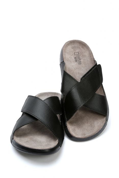 SIB223810 Kifidis-Natura Kadın Çapraz Bantlı Anatomik Deri Terlik 36-41 -BT Siyah/Black