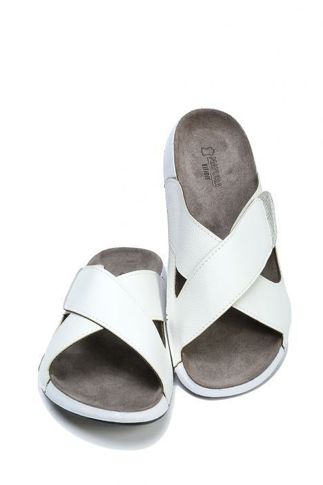 SIB223810 Kifidis-Natura Kadın Çapraz Bantlı Anatomik Deri Terlik 36-41 -BT Beyaz/White