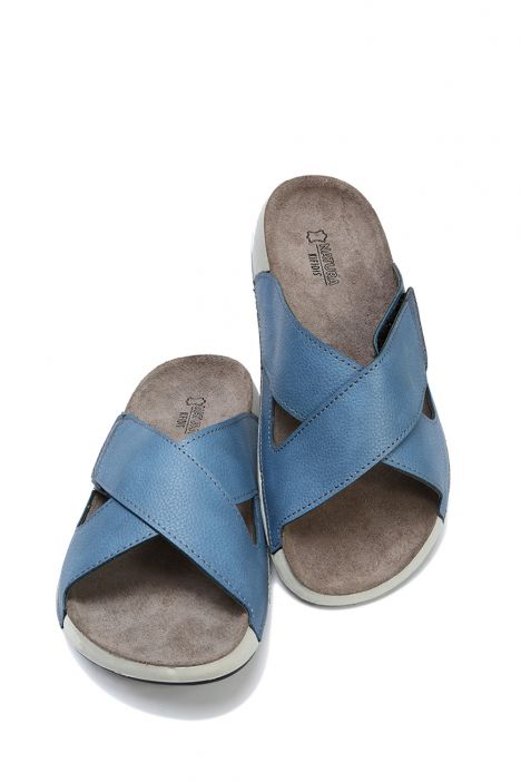 SIB223810 Kifidis-Natura Kadın Çapraz Bantlı Anatomik Deri Terlik 36-41 -BT Mavi/Blue
