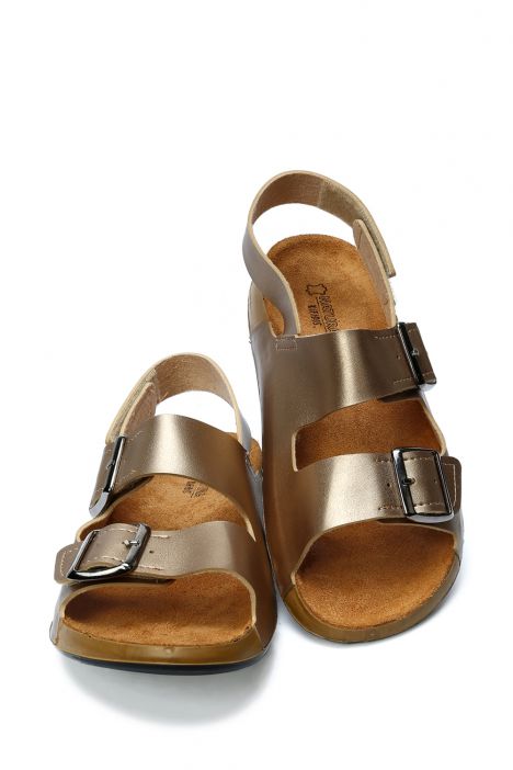 SIB223830 Kifidis-Natura Kadın Çift Bantlı Anatomik Deri Sandalet 36-40 -BT Altın/Gold