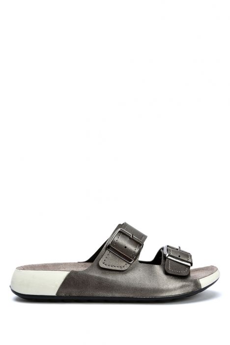 SIB223835 Kifidis-Natura Kadın Çift Bantlı Anatomik Deri Terlik 36-41 -BT Krom/Chrome
