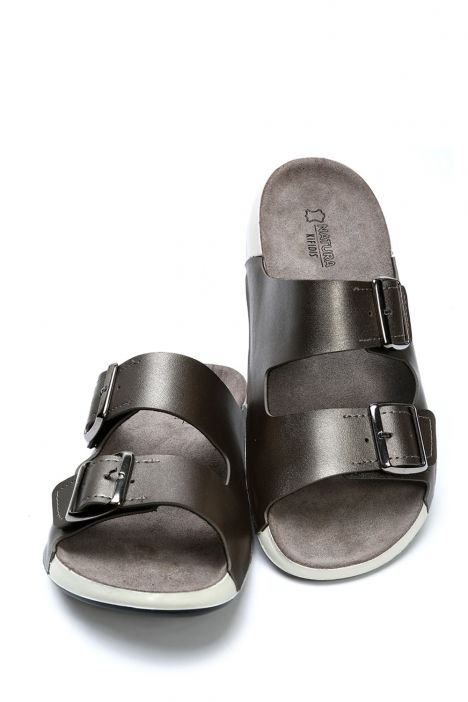 SIB223835 Kifidis-Natura Kadın Çift Bantlı Anatomik Deri Terlik 36-41 -BT Krom/Chrome