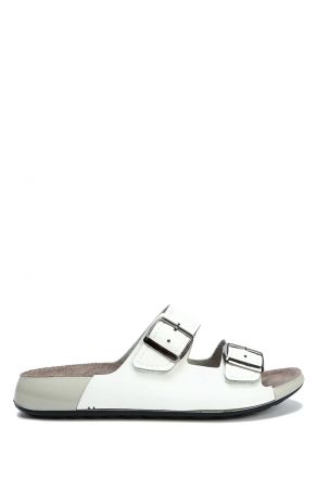 SIB223835 Kifidis-Natura Kadın Çift Bantlı Anatomik Deri Terlik 36-41 -BT Beyaz/White