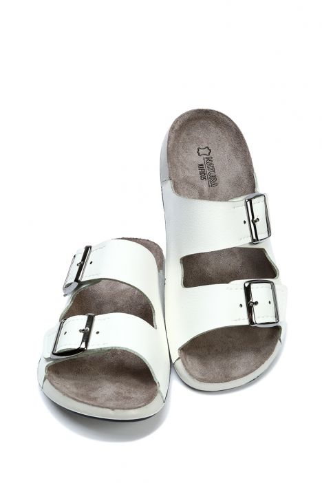SIB223835 Kifidis-Natura Kadın Çift Bantlı Anatomik Deri Terlik 36-41 -BT Beyaz/White