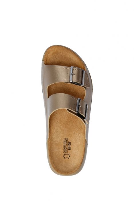 SIB223835 Kifidis-Natura Kadın Çift Bantlı Anatomik Deri Terlik 36-41 -BT Altın/Gold
