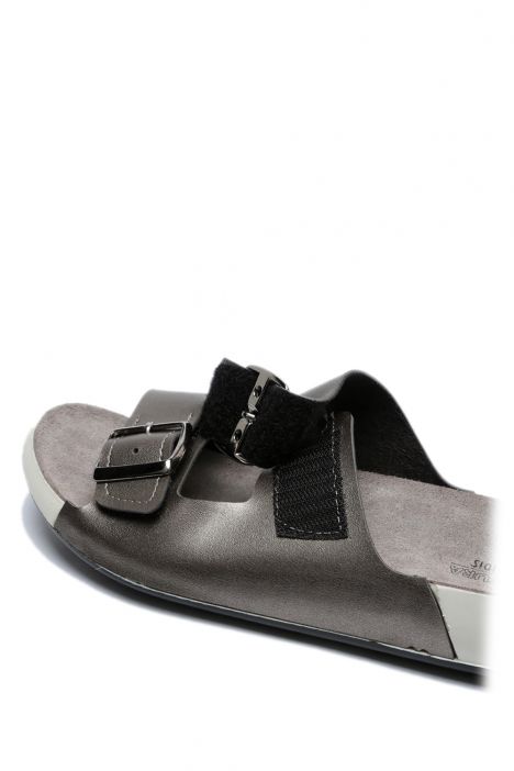 SIB223835 Kifidis-Natura Kadın Çift Bantlı Anatomik Deri Terlik 36-41 -BT Krom/Chrome